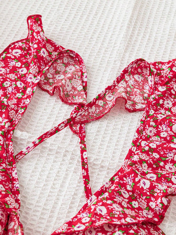 Women's Romantic And Casual Ditsy Floral V-Neck Crisscross Tie Waist Jumpsuit With Ruffled Hem, Red