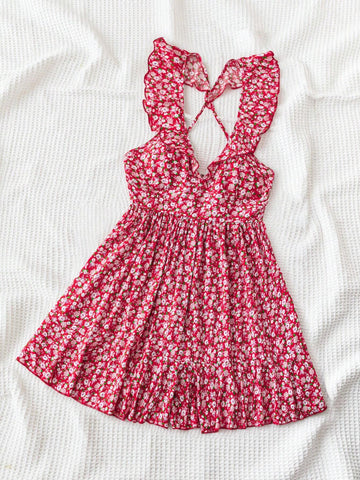 Women's Romantic And Casual Ditsy Floral V-Neck Crisscross Tie Waist Jumpsuit With Ruffled Hem, Red