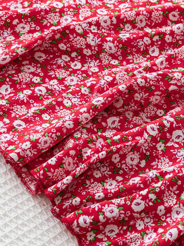 Women's Romantic And Casual Ditsy Floral V-Neck Crisscross Tie Waist Jumpsuit With Ruffled Hem, Red