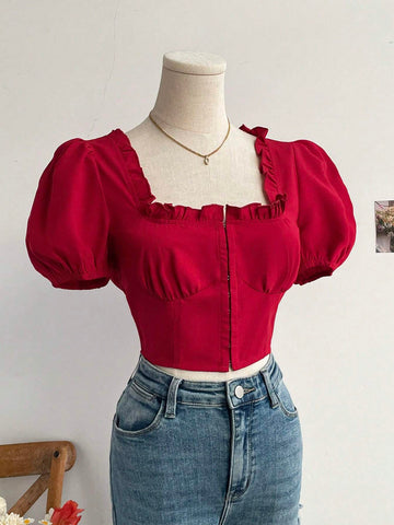 Women's Romantic Casual Vacation Shirt With Red Frill Trimmed And Waist Drawstring