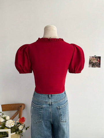 Women's Romantic Casual Vacation Shirt With Red Frill Trimmed And Waist Drawstring