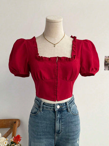Women's Romantic Casual Vacation Shirt With Red Frill Trimmed And Waist Drawstring