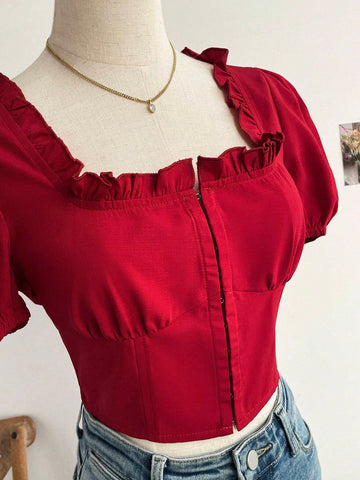Women's Romantic Casual Vacation Shirt With Red Frill Trimmed And Waist Drawstring