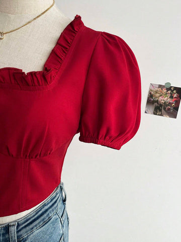 Women's Romantic Casual Vacation Shirt With Red Frill Trimmed And Waist Drawstring