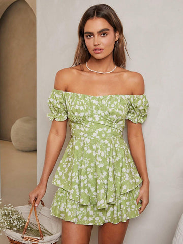Women's Romantic Countryside Style Bubble Sleeve Jumpsuit With Off-Shoulder, Ruffle Hem And Short Pants, Perfect For Summer Vacation