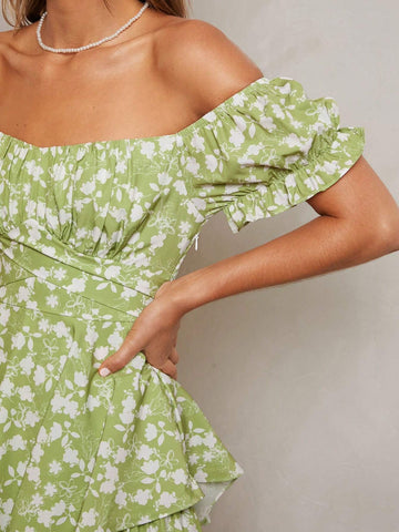 Women's Romantic Countryside Style Bubble Sleeve Jumpsuit With Off-Shoulder, Ruffle Hem And Short Pants, Perfect For Summer Vacation