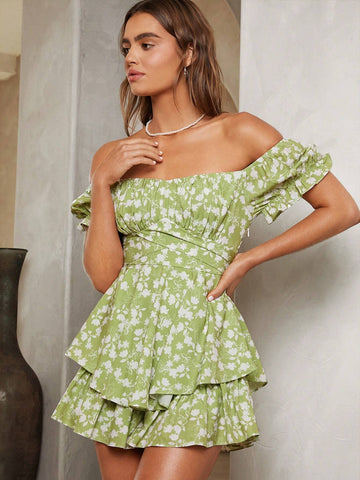 Women's Romantic Countryside Style Bubble Sleeve Jumpsuit With Off-Shoulder, Ruffle Hem And Short Pants, Perfect For Summer Vacation