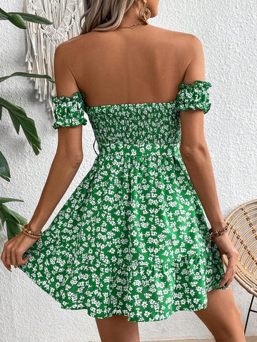 Women's Romantic Countryside Vacation Cute And Vivid Young Girl Floral Printed Dress With Elastic Waist And Swing Hem