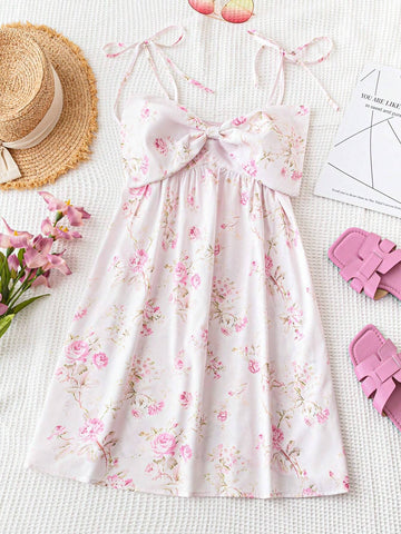 Women's Romantic Pink Rose Pattern Printed Mini Dress With Bowknot Shoulder Straps, A-Line