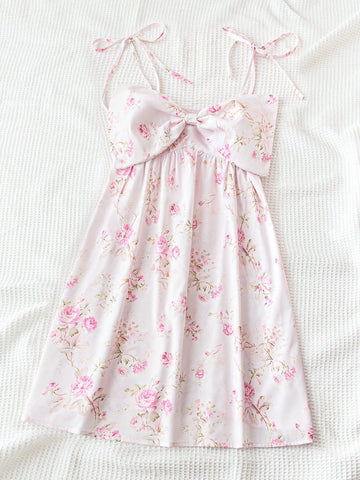 Women's Romantic Pink Rose Pattern Printed Mini Dress With Bowknot Shoulder Straps, A-Line