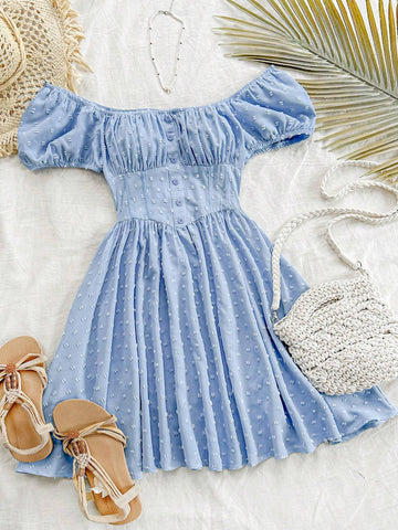 Women's Romantic Summer Countryside Light Blue Woven Cut-Out Texture Off-Shoulder Puff Sleeve