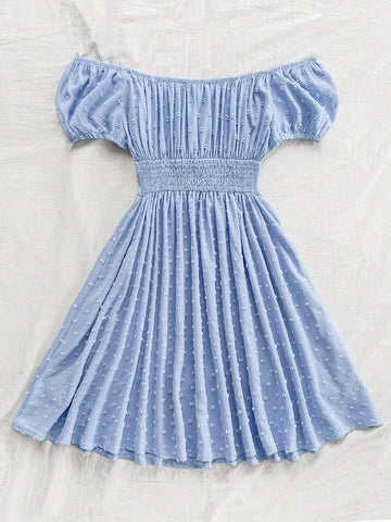 Women's Romantic Summer Countryside Light Blue Woven Cut-Out Texture Off-Shoulder Puff Sleeve