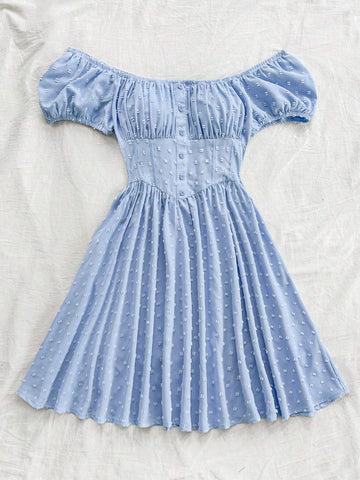 Women's Romantic Summer Countryside Light Blue Woven Cut-Out Texture Off-Shoulder Puff Sleeve