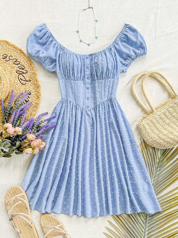Women's Romantic Summer Countryside Light Blue Woven Cut-Out Texture Off-Shoulder Puff Sleeve