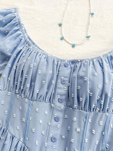 Women's Romantic Summer Countryside Light Blue Woven Cut-Out Texture Off-Shoulder Puff Sleeve