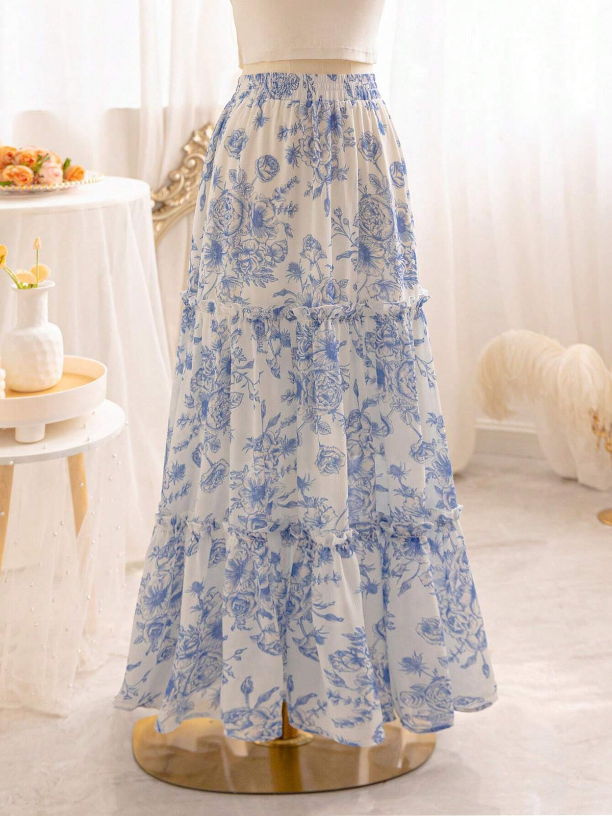 WYWH Women's Romantic Summer Vacation Countryside Blue & White Floral Printed Elastic Waist Ruffled Multi-Layer Cake Patchwork Loose A-Line Graduation Skirt, Perfect For Romantic Weddings
