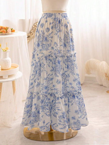 WYWH Women's Romantic Summer Vacation Countryside Blue & White Floral Printed Elastic Waist Ruffled Multi-Layer Cake Patchwork Loose A-Line Graduation Skirt, Perfect For Romantic Weddings