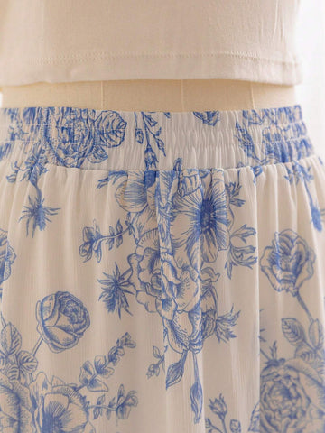 WYWH Women's Romantic Summer Vacation Countryside Blue & White Floral Printed Elastic Waist Ruffled Multi-Layer Cake Patchwork Loose A-Line Graduation Skirt, Perfect For Romantic Weddings