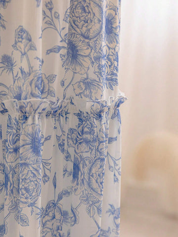 WYWH Women's Romantic Summer Vacation Countryside Blue & White Floral Printed Elastic Waist Ruffled Multi-Layer Cake Patchwork Loose A-Line Graduation Skirt, Perfect For Romantic Weddings