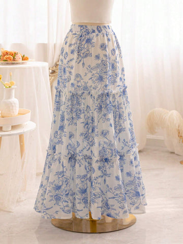 WYWH Women's Romantic Summer Vacation Countryside Blue & White Floral Printed Elastic Waist Ruffled Multi-Layer Cake Patchwork Loose A-Line Graduation Skirt, Perfect For Romantic Weddings