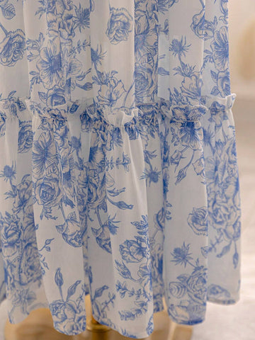 WYWH Women's Romantic Summer Vacation Countryside Blue & White Floral Printed Elastic Waist Ruffled Multi-Layer Cake Patchwork Loose A-Line Graduation Skirt, Perfect For Romantic Weddings
