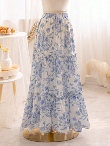 WYWH Women's Romantic Summer Vacation Countryside Blue & White Floral Printed Elastic Waist Ruffled Multi-Layer Cake Patchwork Loose A-Line Graduation Skirt, Perfect For Romantic Weddings
