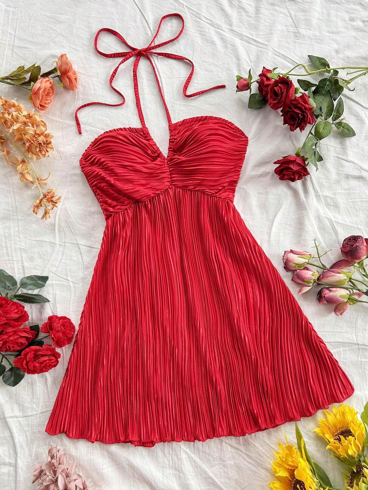 Women's Sexy Textured Open Back Halter Neck Red Dress, Summer