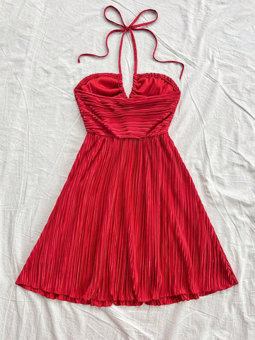 Women's Sexy Textured Open Back Halter Neck Red Dress, Summer