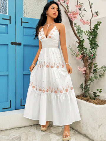Women's Simple Deep V-Neck Embroidered Maxi Dress
