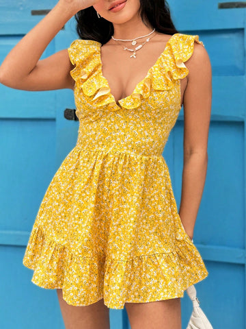 Women's Small Floral Print Ruffle Hem Romper