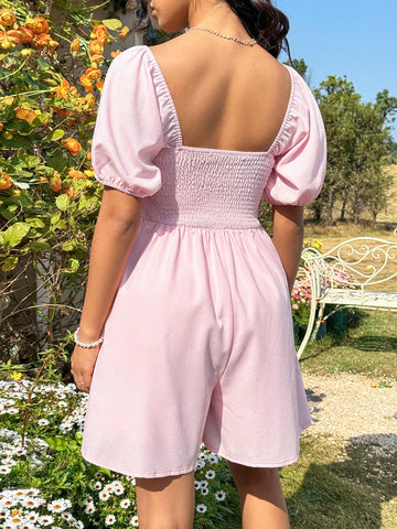 Women's Square Neck Short Puff Sleeve Jumpsuit