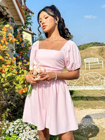 Women's Square Neck Short Puff Sleeve Jumpsuit