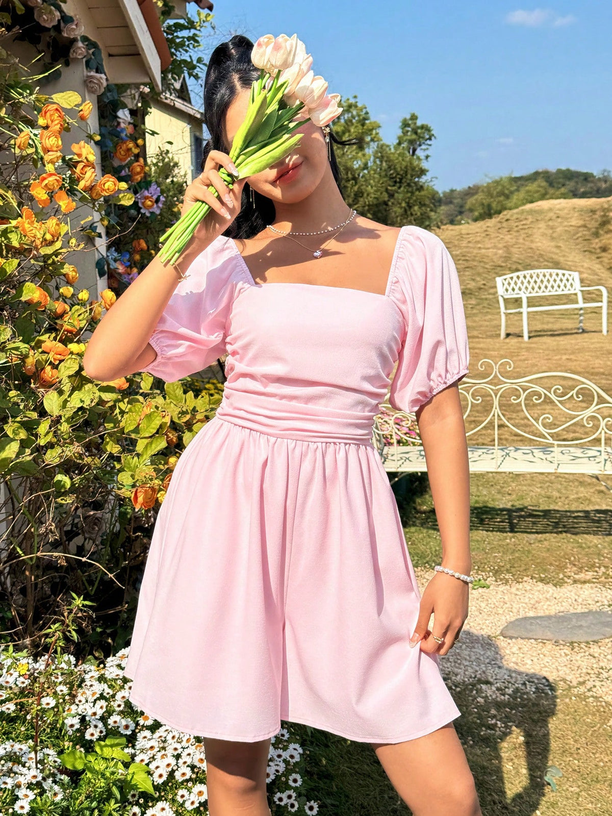 Women's Square Neck Short Puff Sleeve Jumpsuit