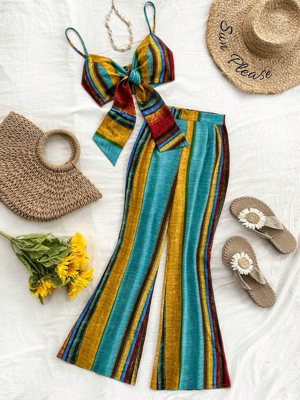 Women's Striped Color Block Vacation Spaghetti Strap Top And Long Pants Set