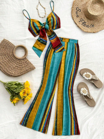 Women's Striped Color Block Vacation Spaghetti Strap Top And Long Pants Set
