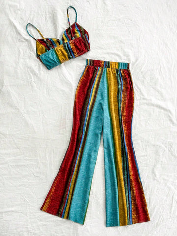 Women's Striped Color Block Vacation Spaghetti Strap Top And Long Pants Set
