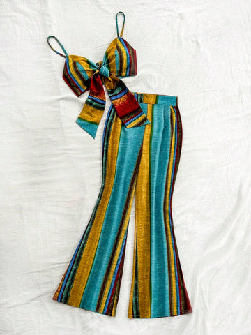 Women's Striped Color Block Vacation Spaghetti Strap Top And Long Pants Set