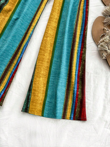 Women's Striped Color Block Vacation Spaghetti Strap Top And Long Pants Set