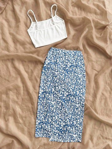 Women's Summer Holiday Solid Color Cami Top And Floral Side Slit Skirt Casual 2pcs Set