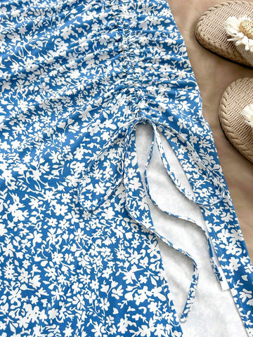 Women's Summer Holiday Solid Color Cami Top And Floral Side Slit Skirt Casual 2pcs Set