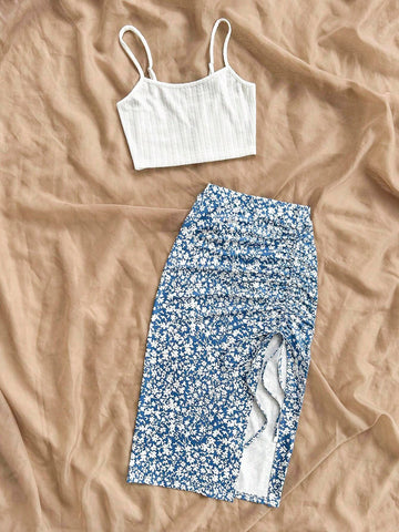Women's Summer Holiday Solid Color Cami Top And Floral Side Slit Skirt Casual 2pcs Set