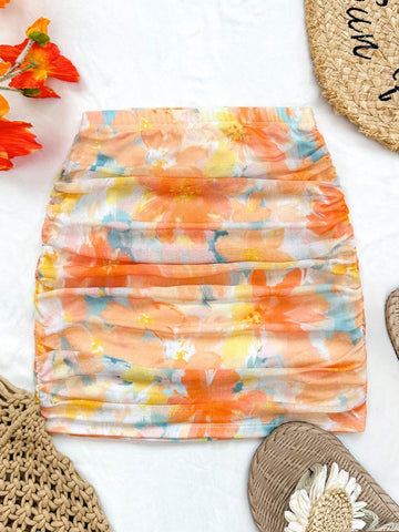 WYWH Women's Summer Vacation Casual Country Style Colorful Floral Allover Print Skirt With Pleats, Low Waist Elastic Fit, Perfect For Graduation Party