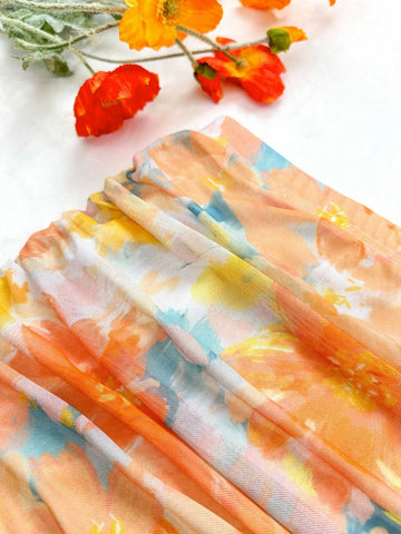 WYWH Women's Summer Vacation Casual Country Style Colorful Floral Allover Print Skirt With Pleats, Low Waist Elastic Fit, Perfect For Graduation Party