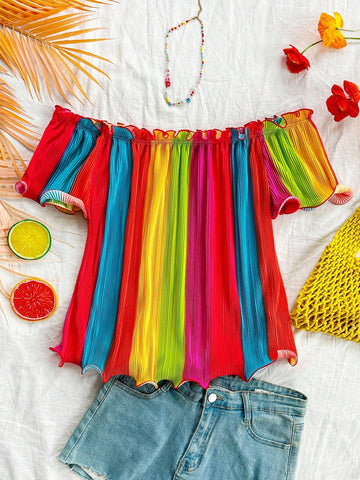 Women's Summer Vacation Casual Fit Colorful Striped Shirt With Contrast Stripes, Off-Shoulder Design, Ruffle Trims And Wavy Hemline
