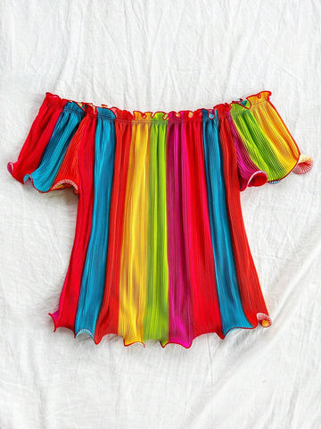 Women's Summer Vacation Casual Fit Colorful Striped Shirt With Contrast Stripes, Off-Shoulder Design, Ruffle Trims And Wavy Hemline