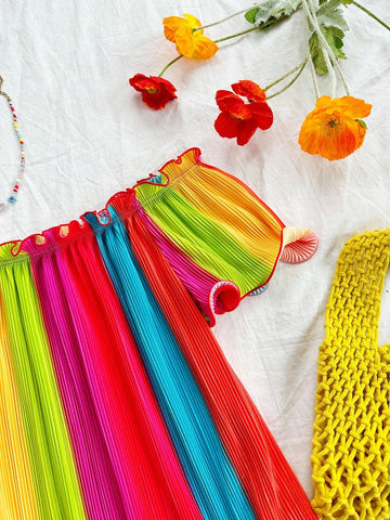 Women's Summer Vacation Casual Fit Colorful Striped Shirt With Contrast Stripes, Off-Shoulder Design, Ruffle Trims And Wavy Hemline