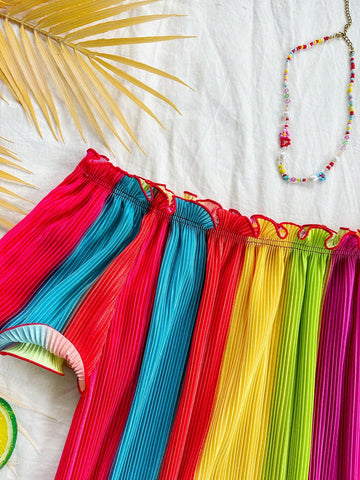 Women's Summer Vacation Casual Fit Colorful Striped Shirt With Contrast Stripes, Off-Shoulder Design, Ruffle Trims And Wavy Hemline