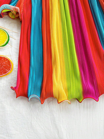 Women's Summer Vacation Casual Fit Colorful Striped Shirt With Contrast Stripes, Off-Shoulder Design, Ruffle Trims And Wavy Hemline