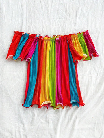 Women's Summer Vacation Casual Fit Colorful Striped Shirt With Contrast Stripes, Off-Shoulder Design, Ruffle Trims And Wavy Hemline
