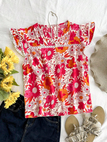 Women's Summer Vacation Floral Printed Notched V-Neck Cap Sleeve Blouse